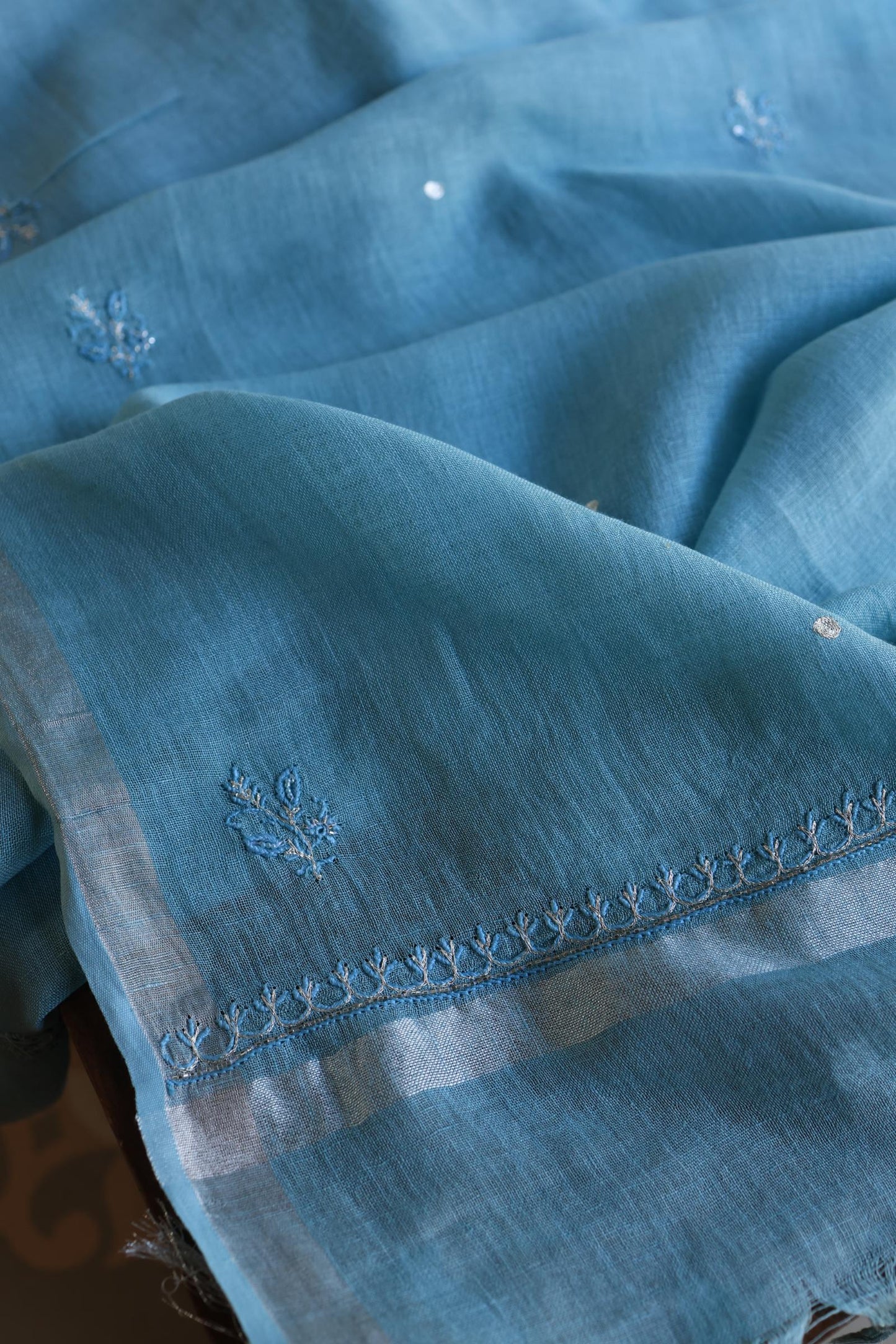 Marble Blue Shade Rasm Silk Chikankari With Ari Work Unstitched Kurta Dupatta Set