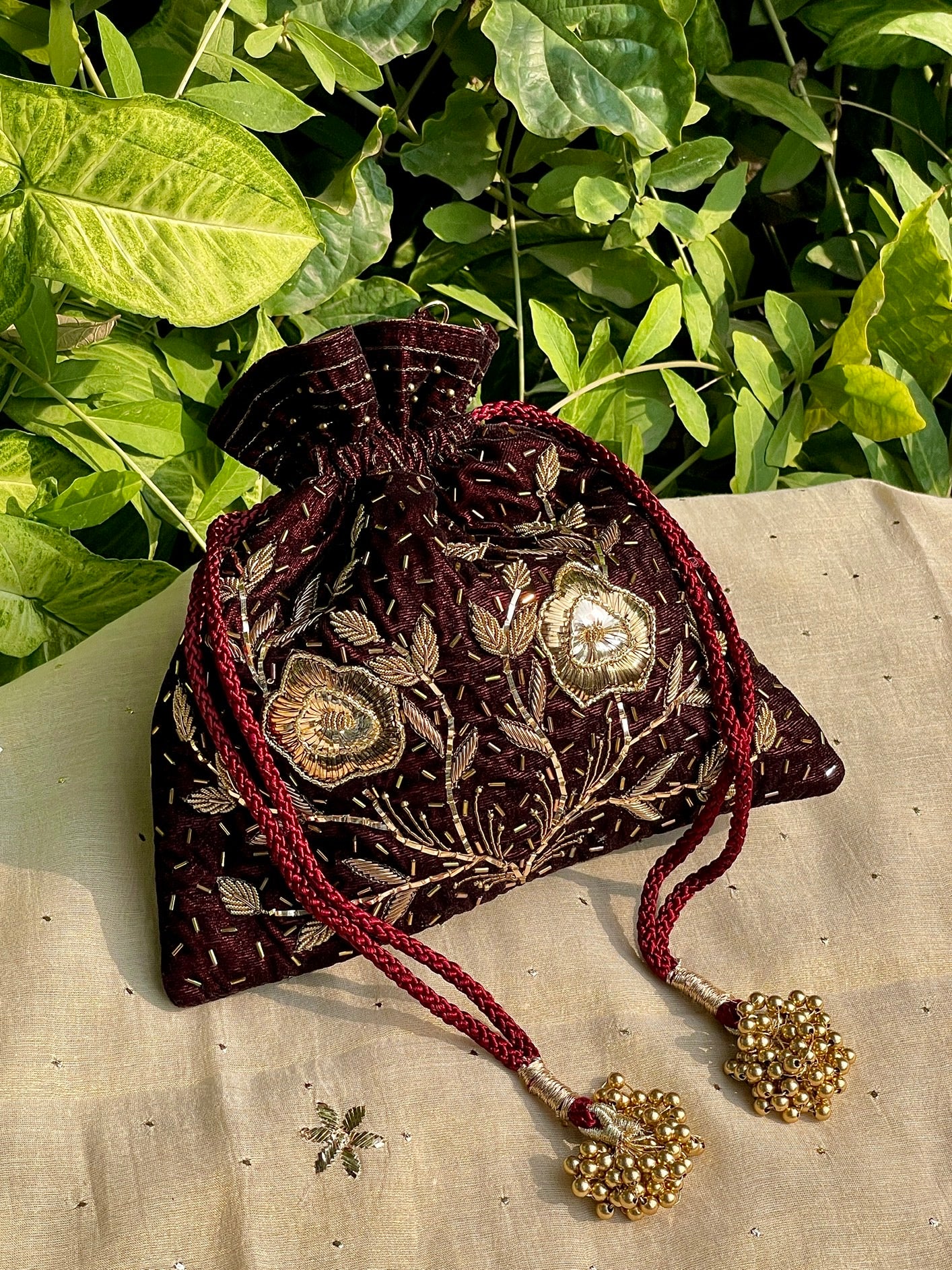 Maroon Raw Silk Peacock Motif Zardosi Polti Bags