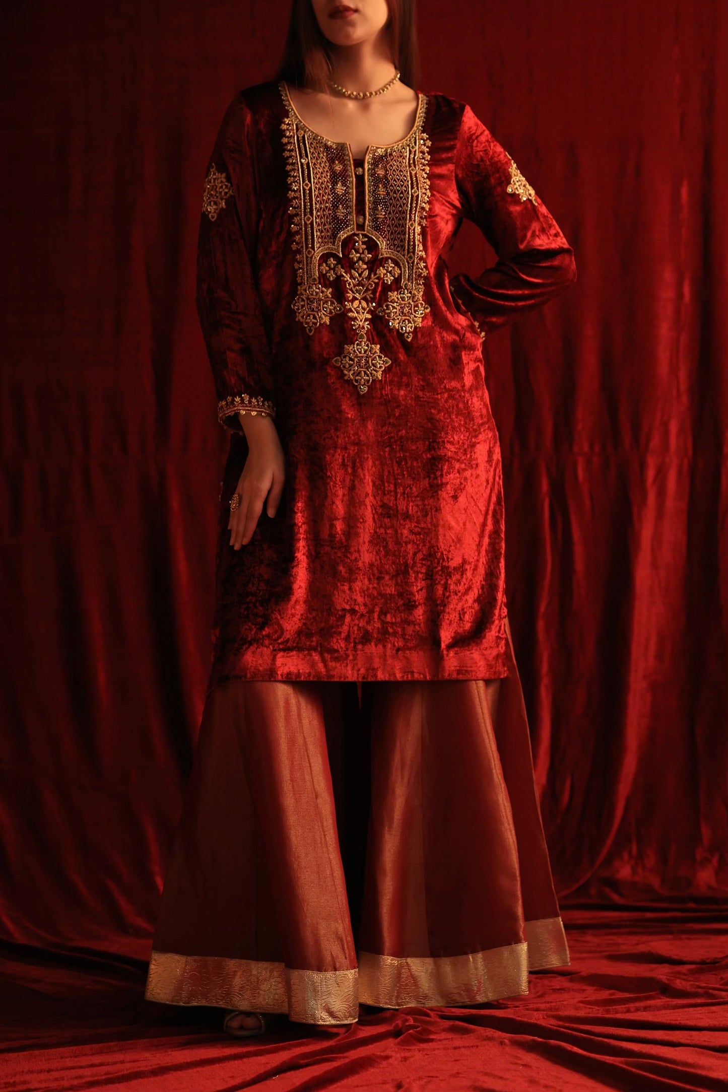 Maroon Shade | Saman Velvet Ready To Wear Kurta Set