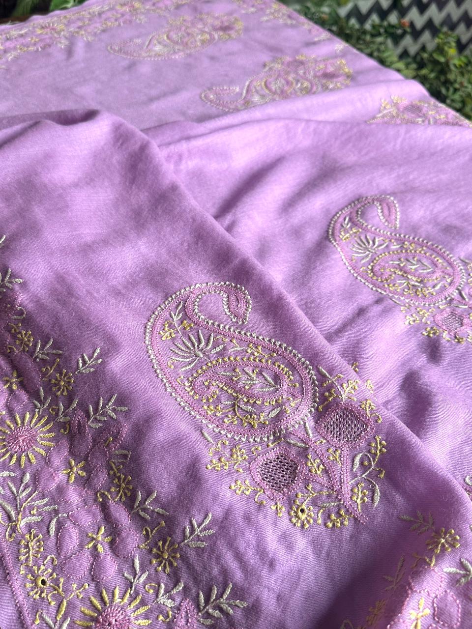 Mauve Pink Shade Saman Pashmina Fine Chikankari Shawl