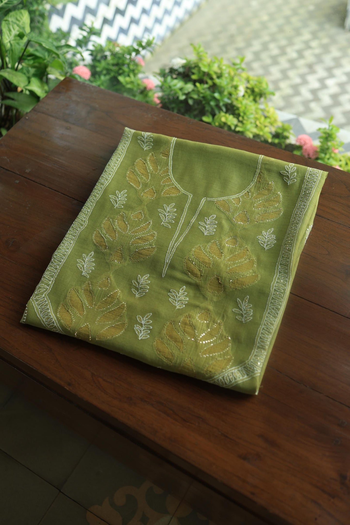 Mehndi Green Daraz Chanderi Chikankari Kurta Fabric