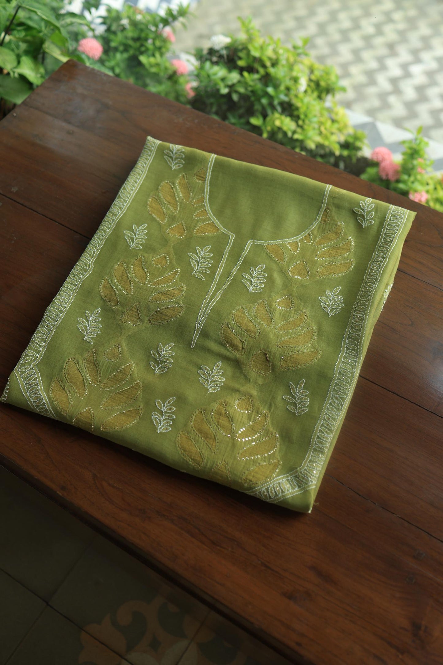 Mehndi Green Daraz Chanderi Chikankari Kurta Fabric