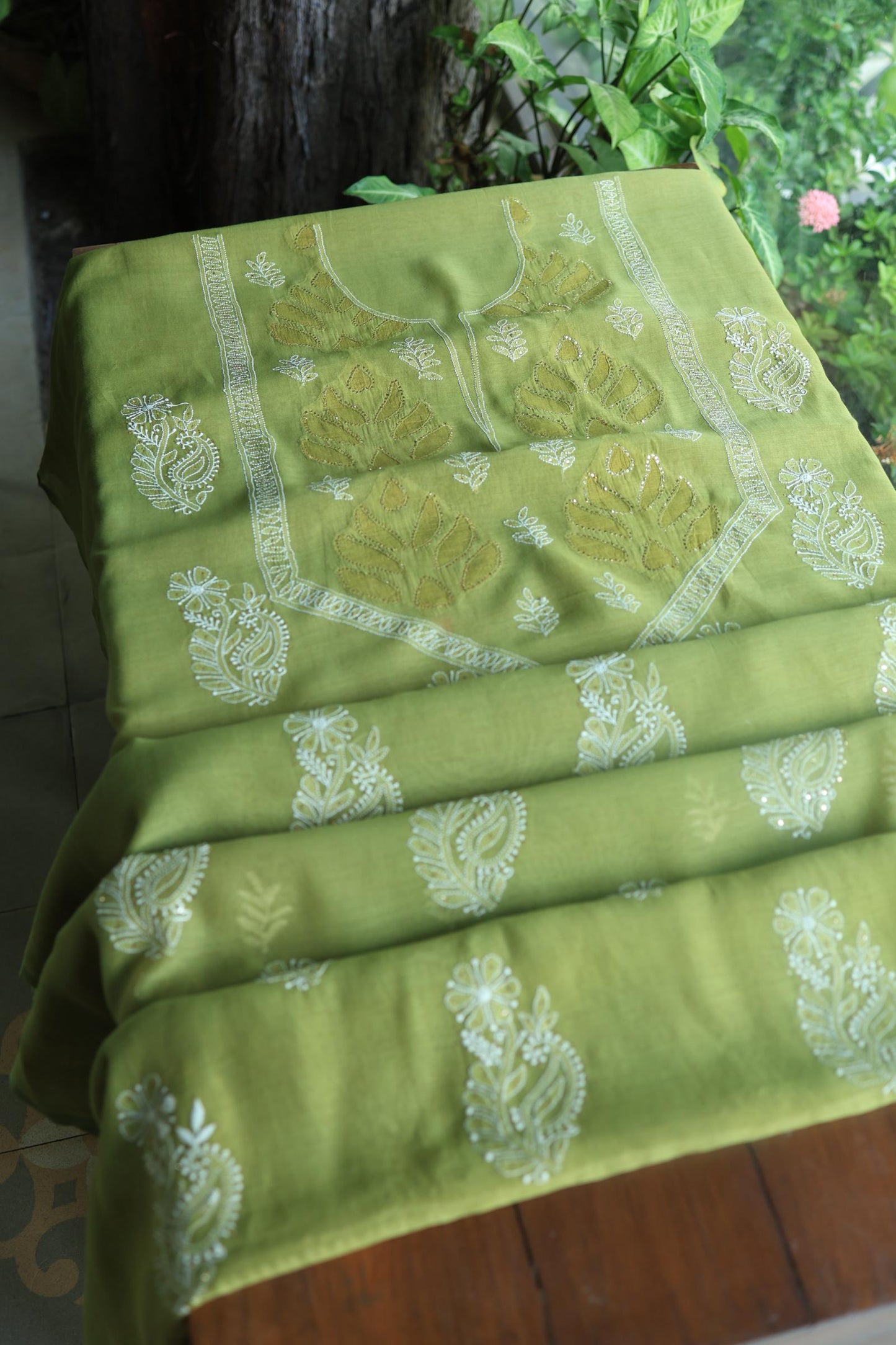 Mehndi Green Daraz Chanderi Chikankari Kurta Fabric