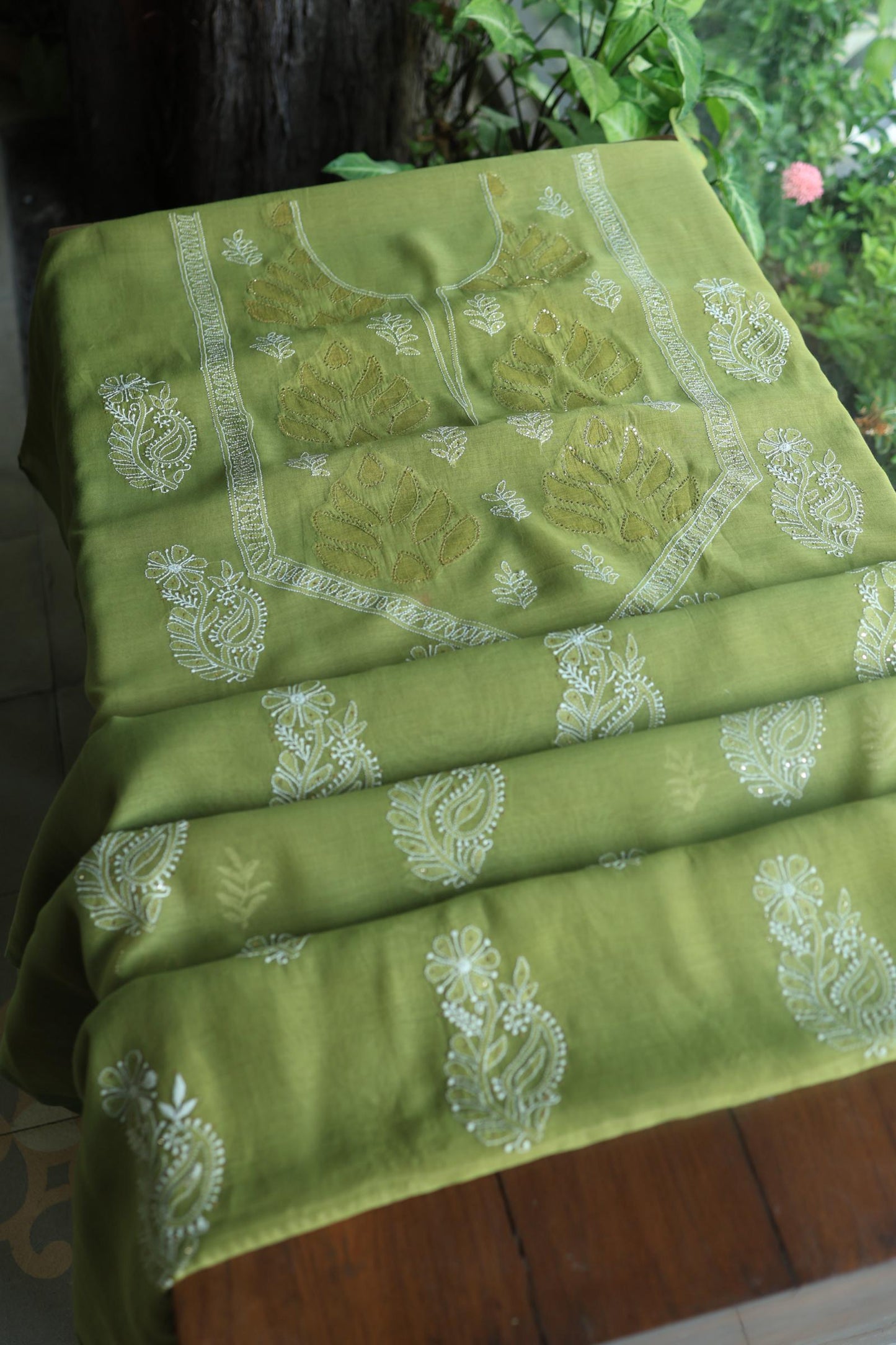 Mehndi Green Daraz Chanderi Chikankari Kurta Fabric