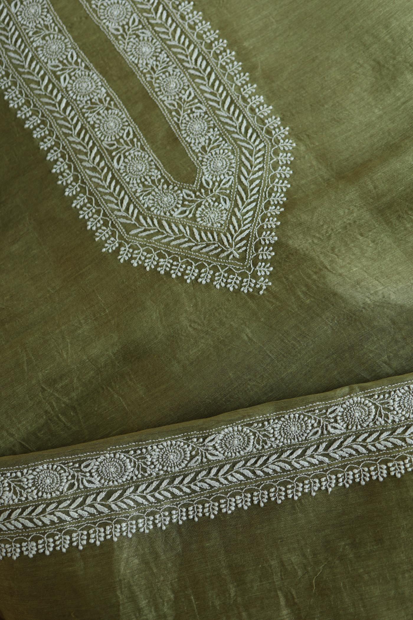 Mehndi Green Linen Chikankari Unstitched Men's Kurtas Fabric