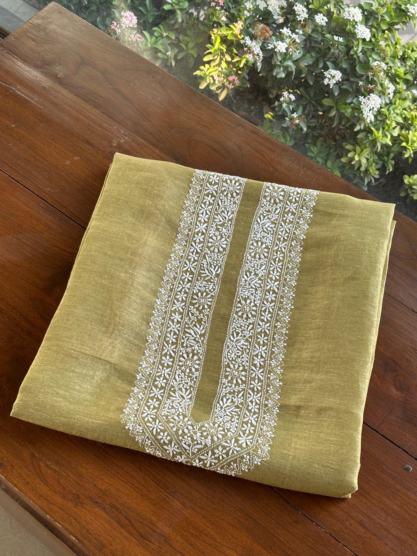 Mehndi Green Linen Chikankari Unstitched Men's Kurtas Fabric