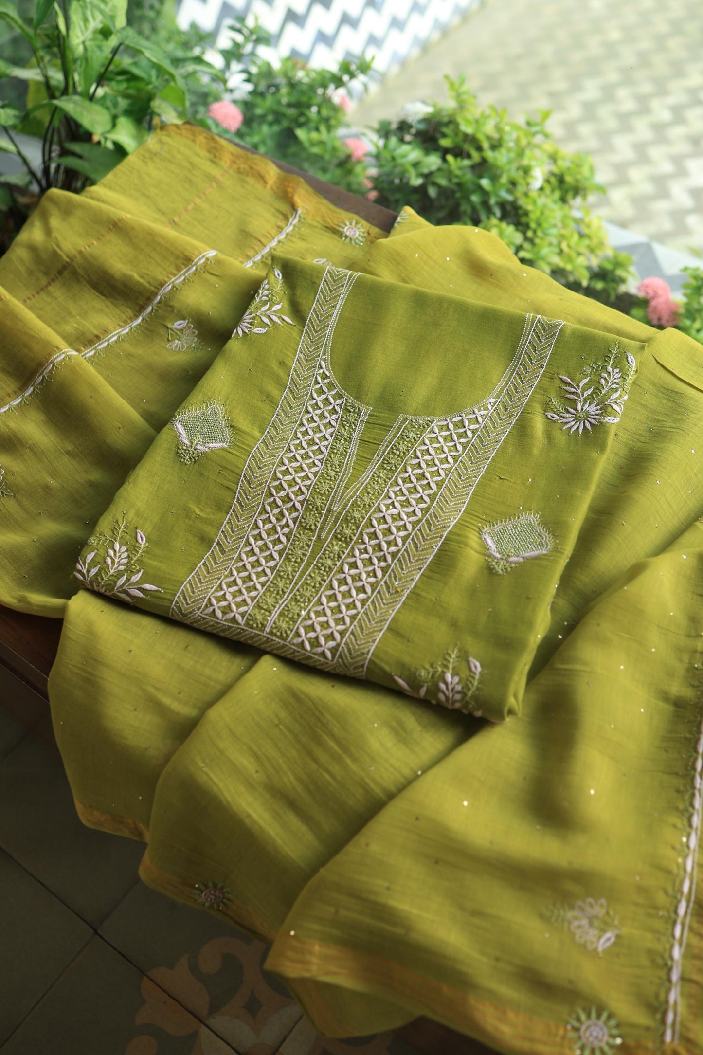 Mehndi Green Mal Cotton Fine Chikankari With Kamdani Work Unstitched Fabric