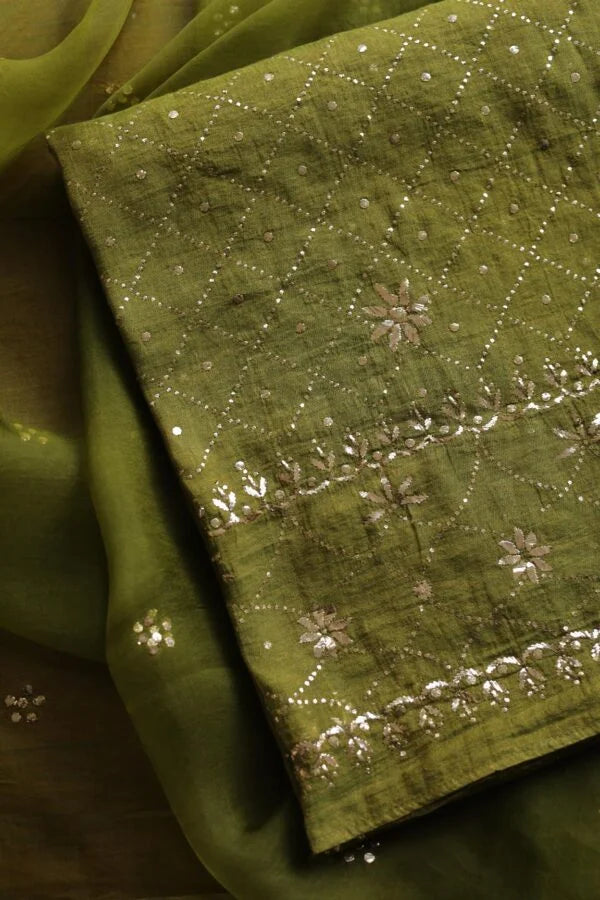 Mehndi Green Roheen Tissue Silk Chikankari Fabrics