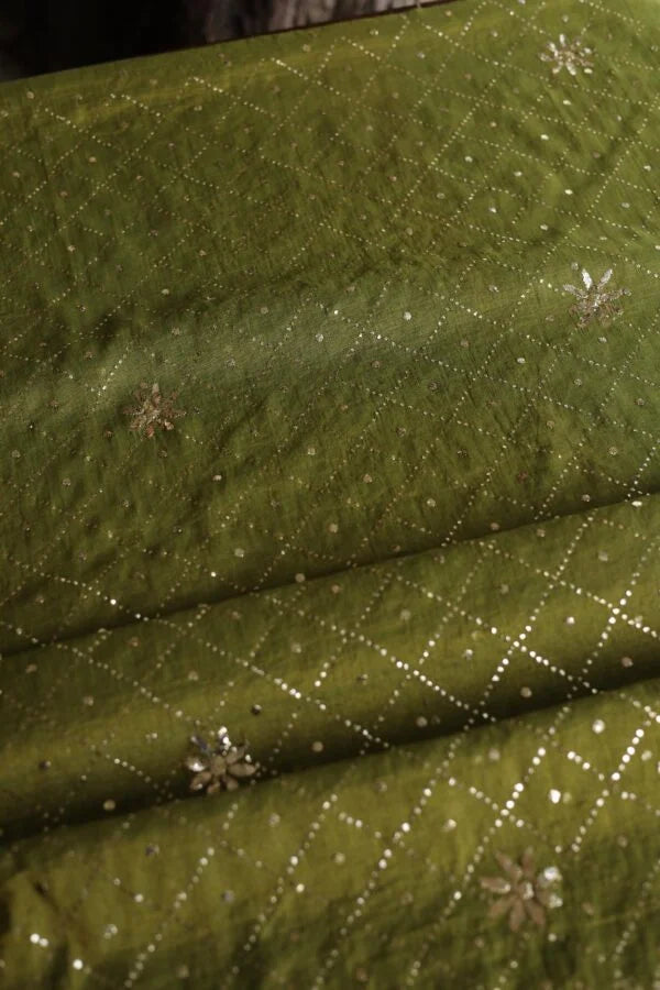 Mehndi Green Roheen Tissue Silk Chikankari Fabrics