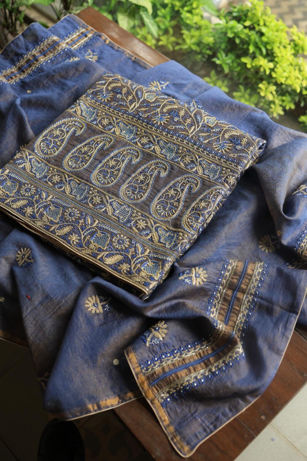 Mist Blue Tissue Silk Chikankari Unstitched Fabric