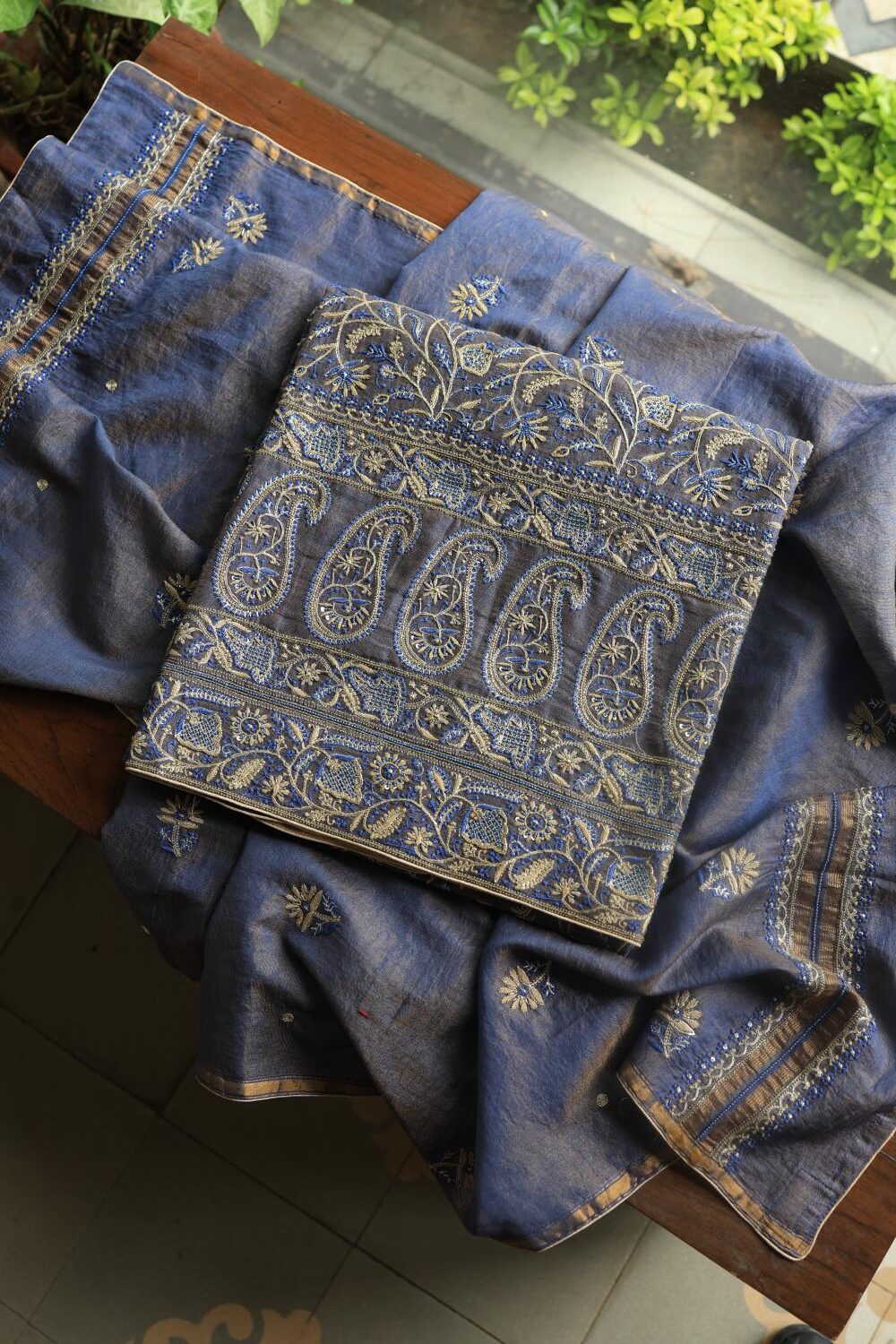 Mist Blue Tissue Silk Chikankari Unstitched Fabric