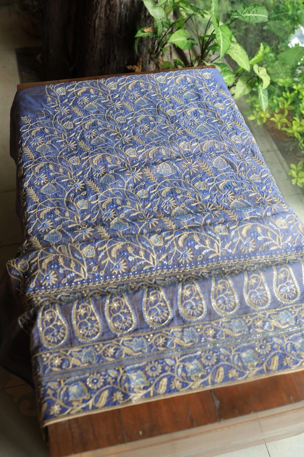 Mist Blue Tissue Silk Chikankari Unstitched Fabric