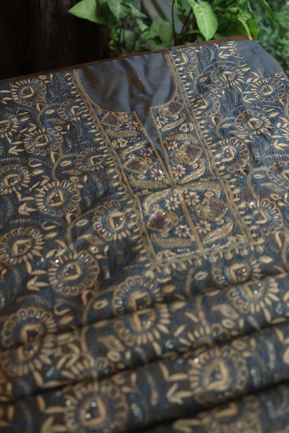 Mist Blue Roheen Tissue Silk Chikankari Unstitched Fabric