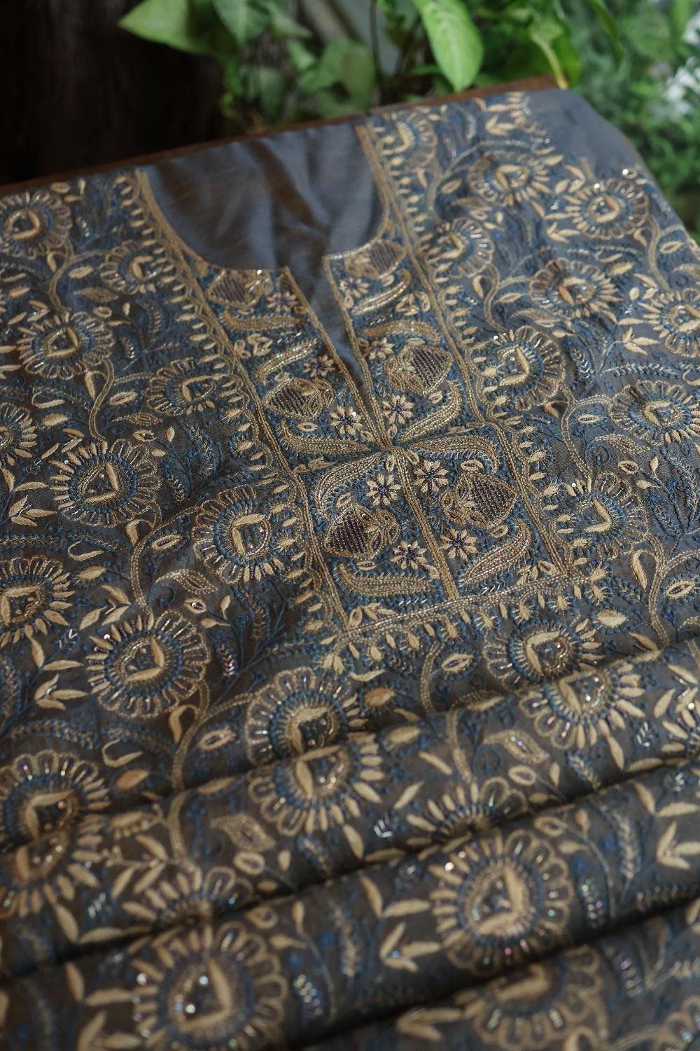 Mist Blue Roheen Tissue Silk Chikankari Unstitched Fabric