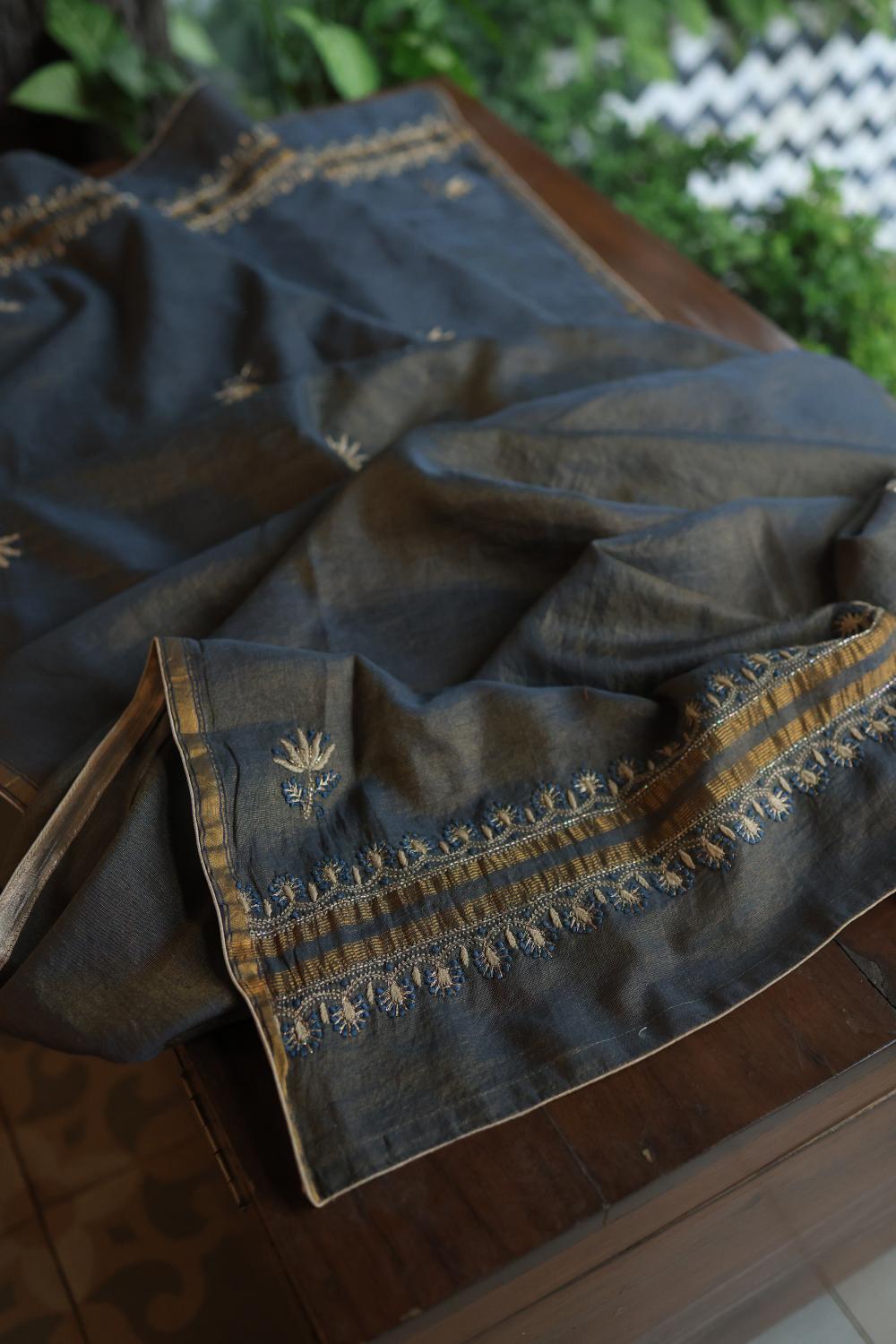 Mist Blue Roheen Tissue Silk Chikankari Unstitched Fabric