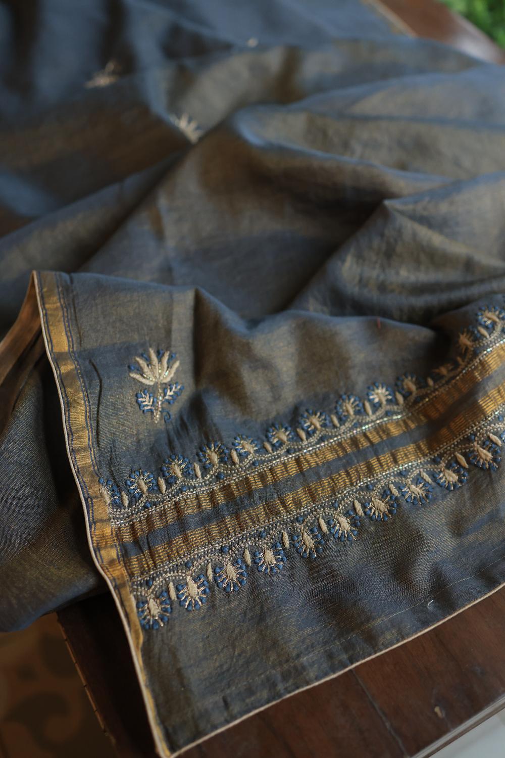 Mist Blue Roheen Tissue Silk Chikankari Unstitched Fabric