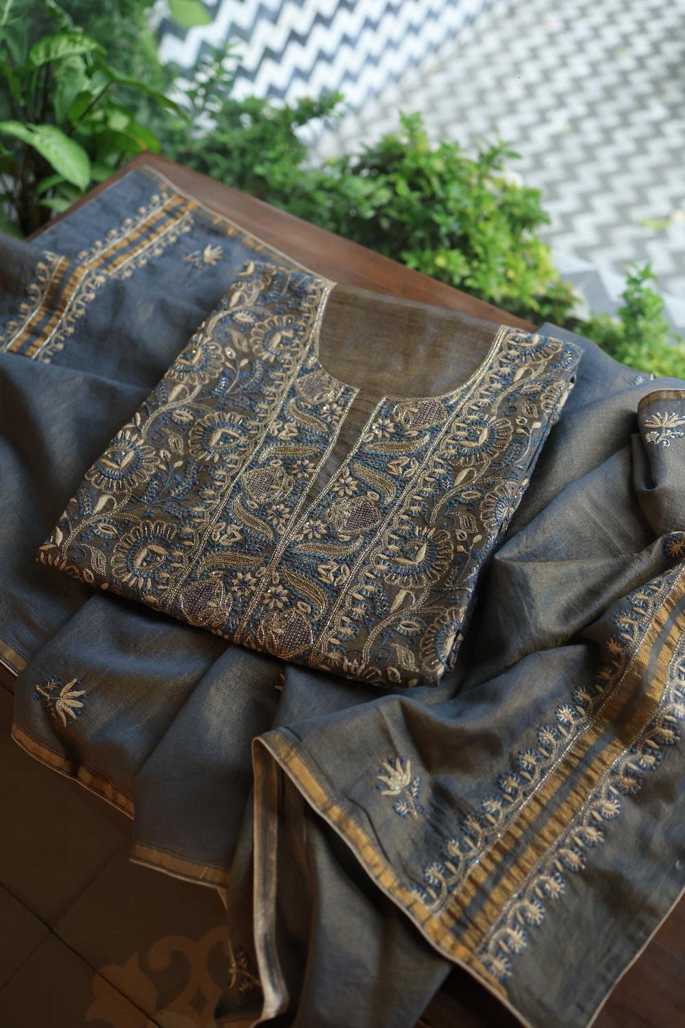 Mist Blue Roheen Tissue Silk Chikankari Unstitched Fabric