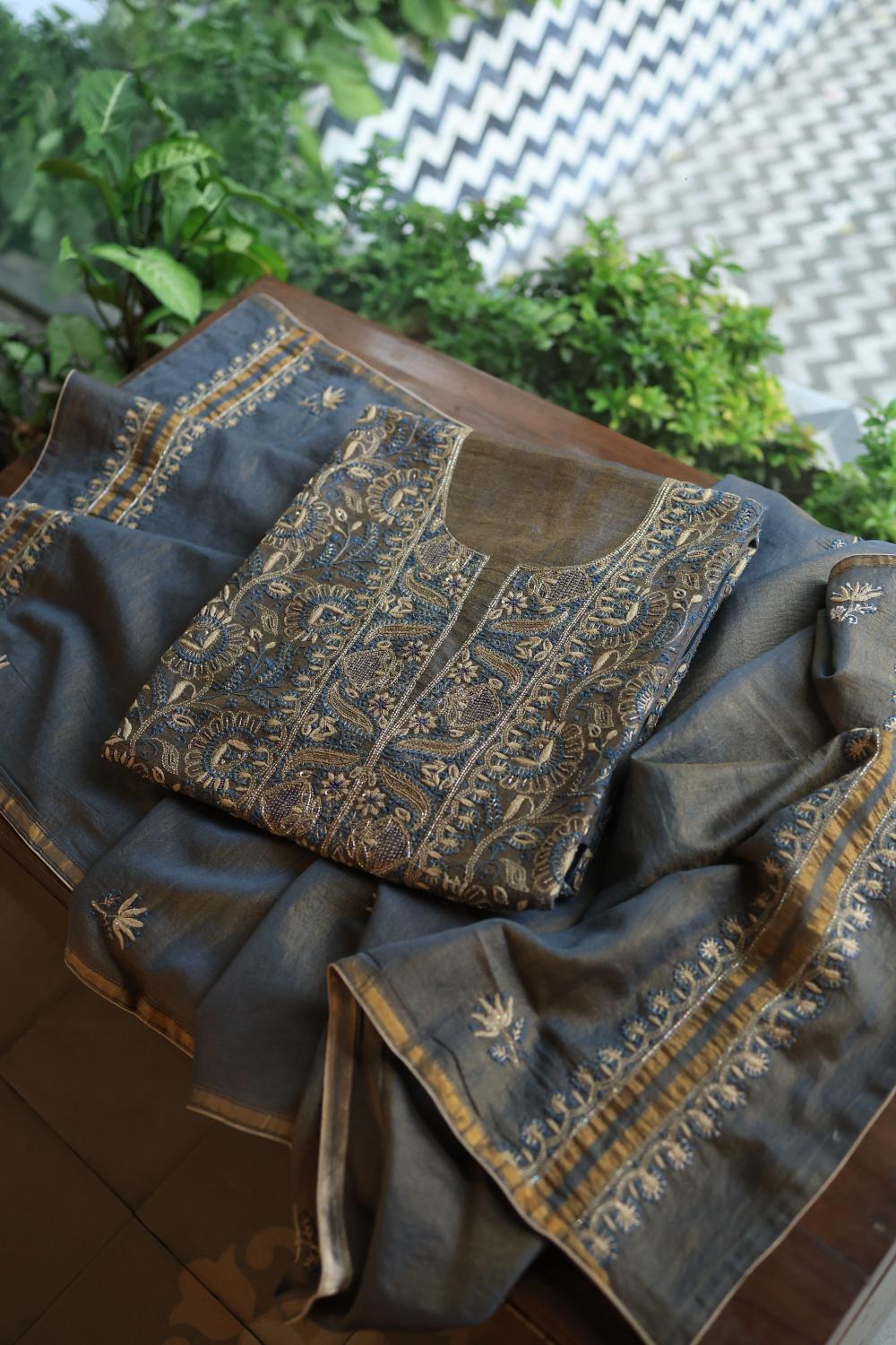 Mist Blue Roheen Tissue Silk Chikankari Unstitched Fabric