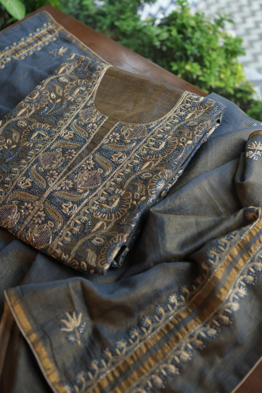 Mist Blue Roheen Tissue Silk Chikankari Unstitched Fabric