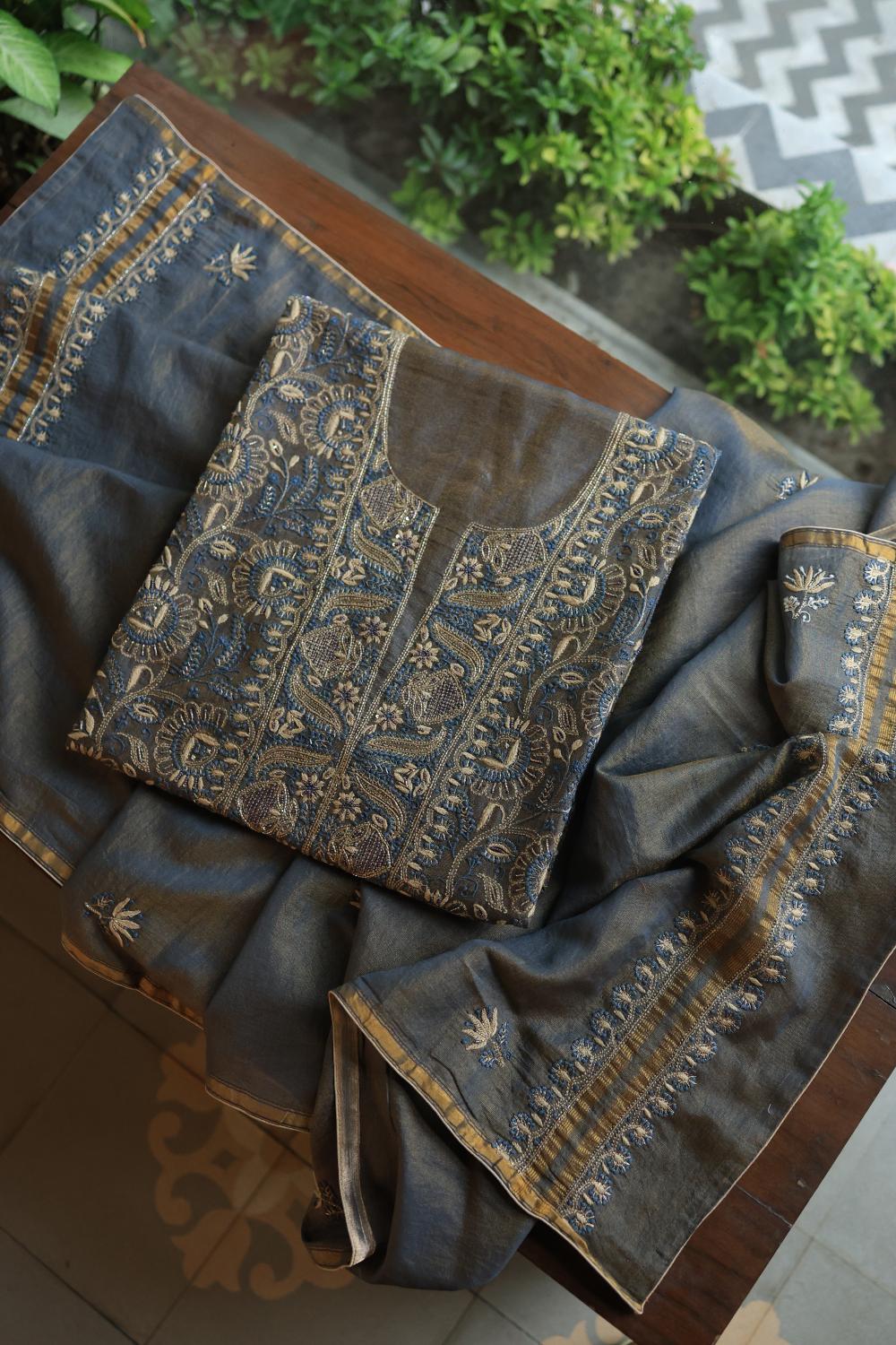 Mist Blue Roheen Tissue Silk Chikankari Unstitched Fabric