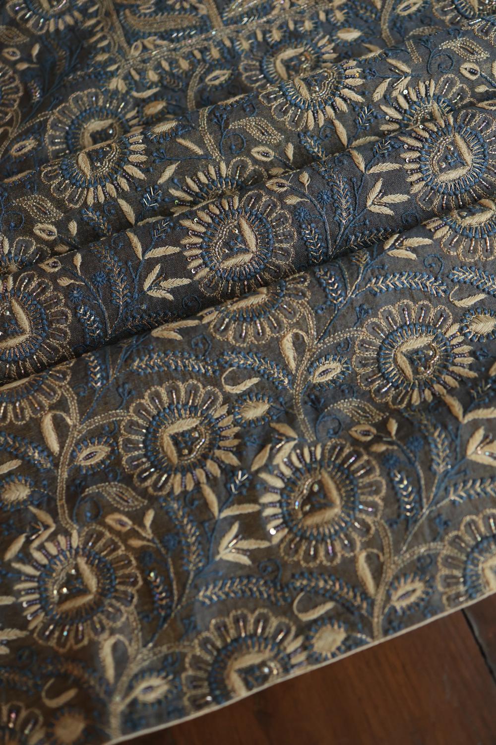 Mist Blue Roheen Tissue Silk Chikankari Unstitched Fabric