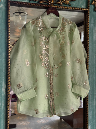 Mist Green Noor Organza Mukaish Badla Short Top With Bow Tie