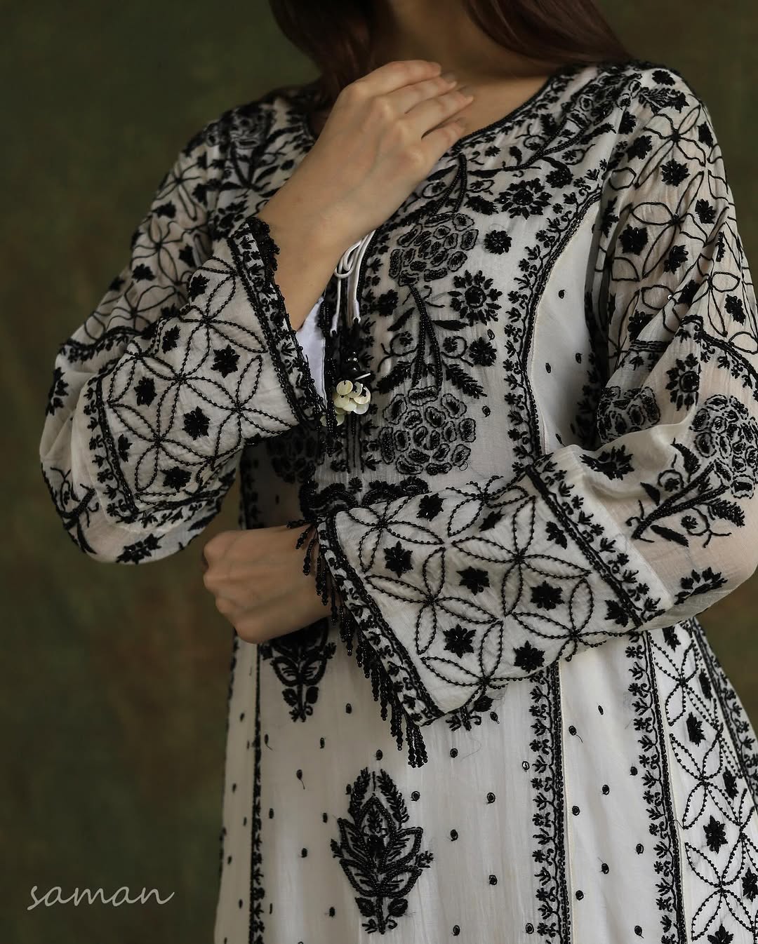Monochrome Black & White Malmal Pearl Work Chikankari A Line Kurta With Dupatta