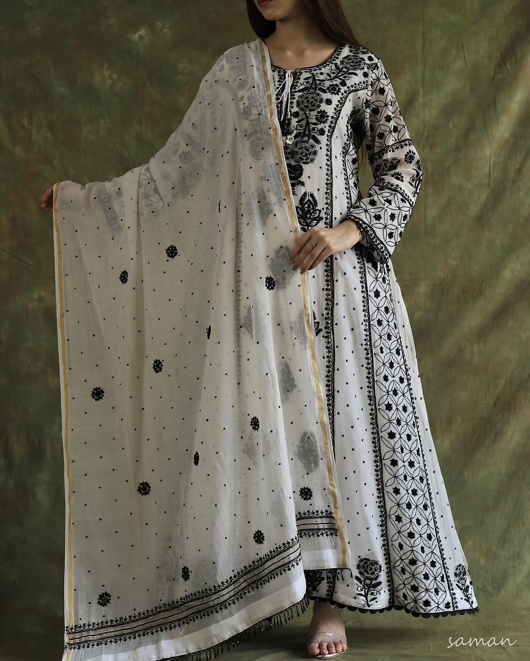 Monochrome Black & White Malmal Pearl Work Chikankari A Line Kurta With Dupatta