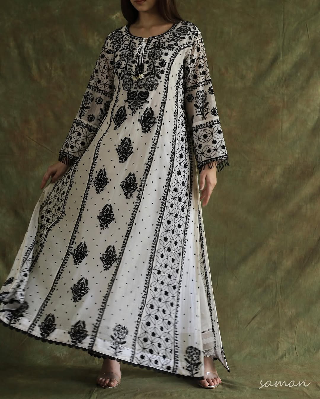 Monochrome Black & White Malmal Pearl Work Chikankari A Line Kurta With Dupatta