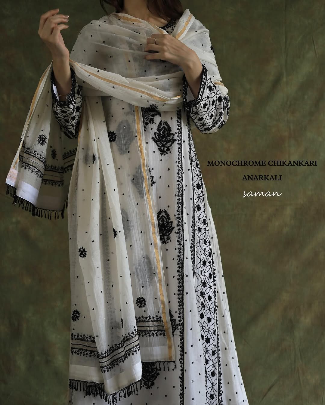 Monochrome Black & White Malmal Pearl Work Chikankari A Line Kurta With Dupatta