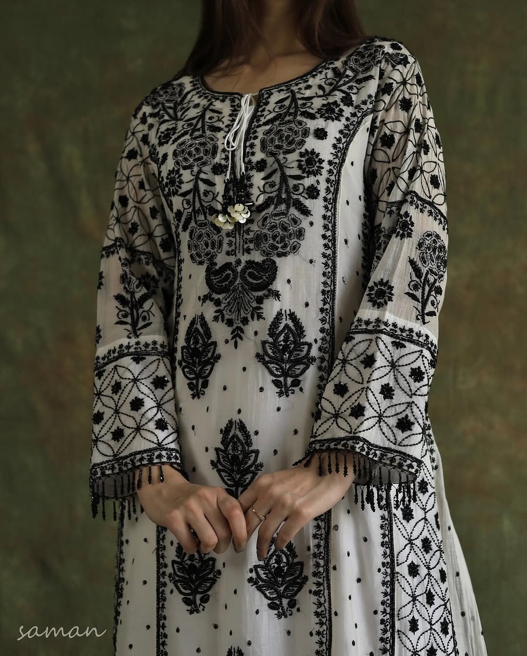 Monochrome Black & White Malmal Pearl Work Chikankari A Line Kurta With Dupatta