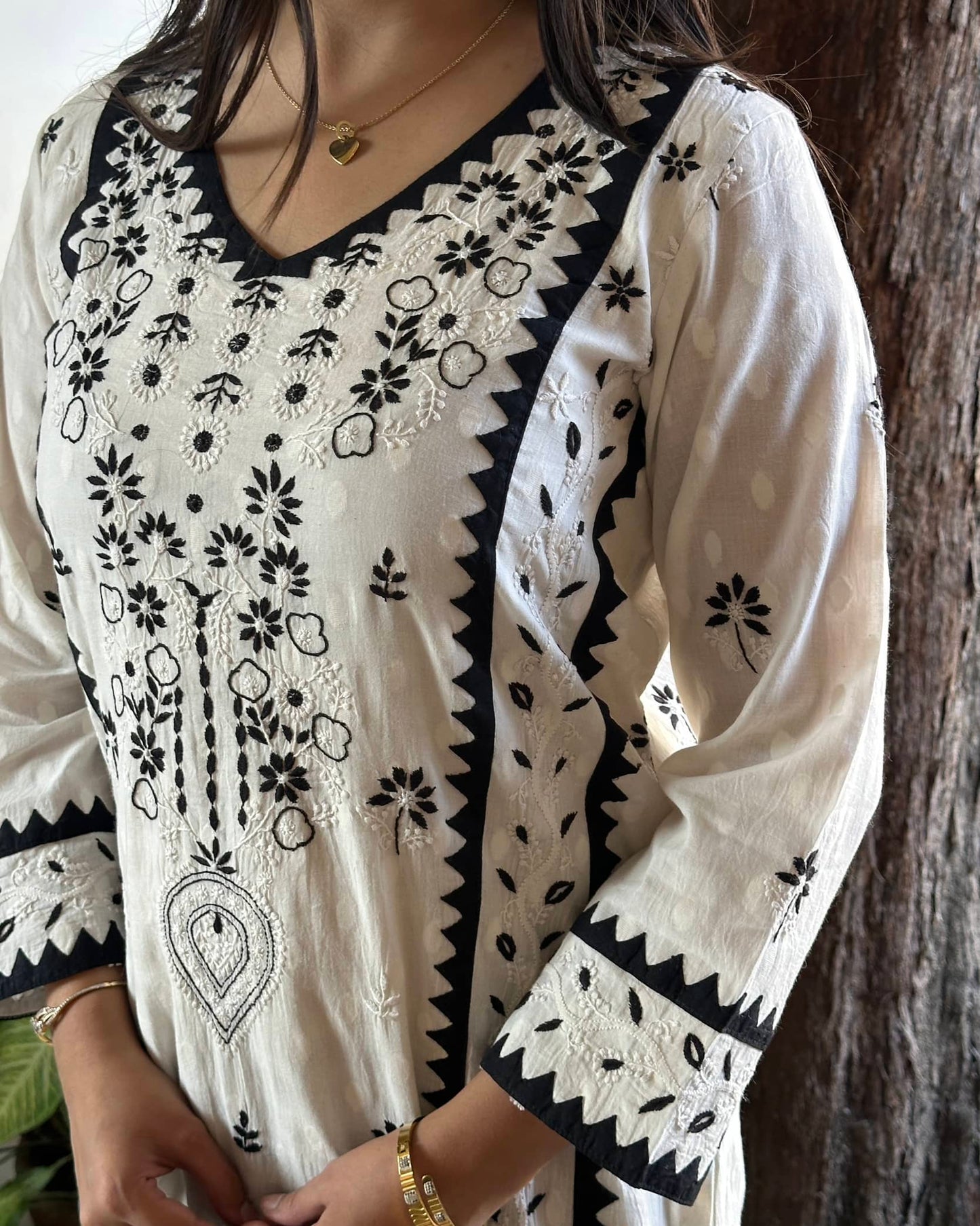 Monochrome Applique Cotton Chikankari Kurta