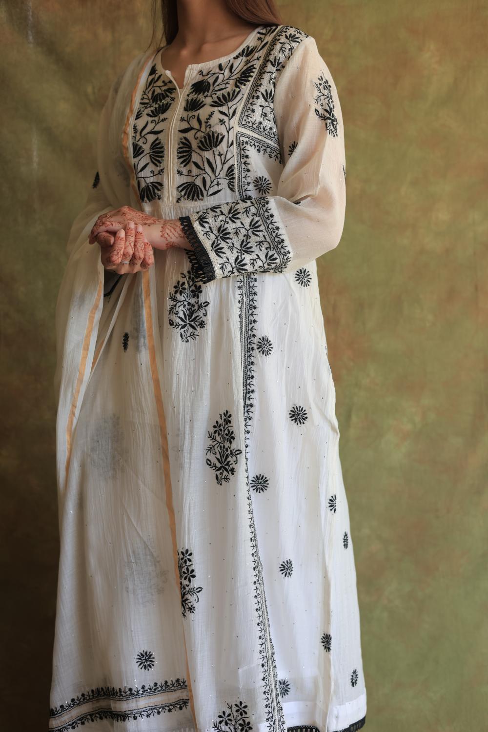 Monochrome Mul Chanderi Mukaish Kamdani Chikankari Stitched Kurta Dupatta Set