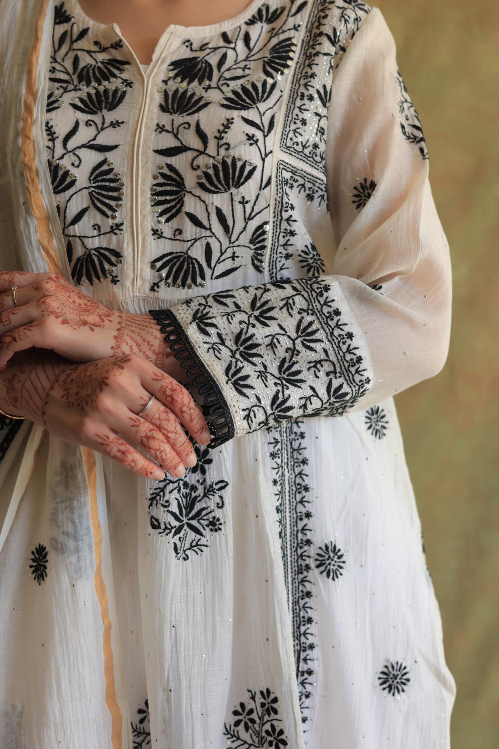 Monochrome Mul Chanderi Mukaish Kamdani Chikankari Stitched Kurta Dupatta Set