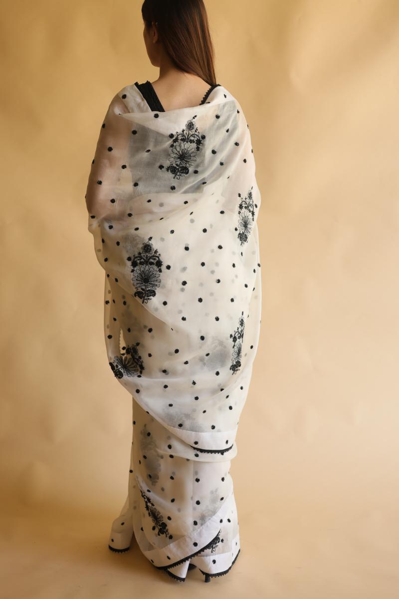 Monochrome Silk Organza Chikankari Saree With Sequins & Beads Work