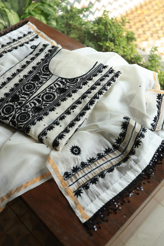Monochrome Mal Chanderi Silk Chikankari Unstitched Fabric