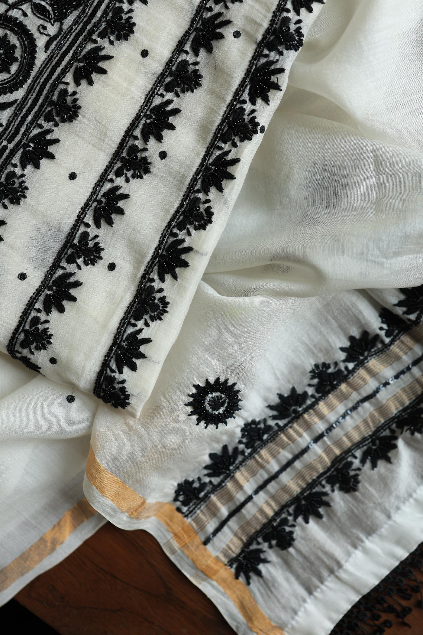 Monochrome Mal Chanderi Silk Chikankari Unstitched Fabric