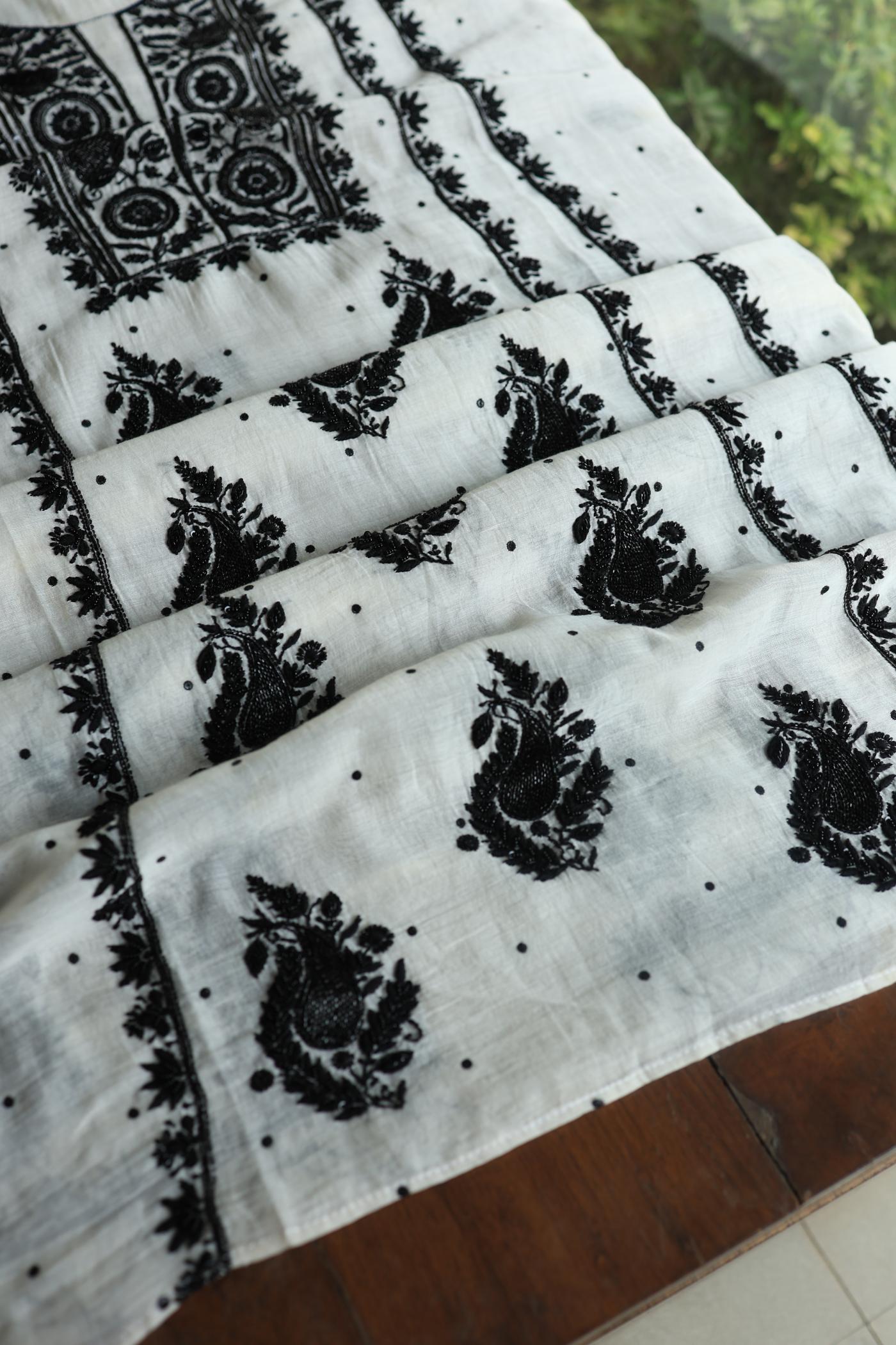 Monochrome Mal Chanderi Silk Chikankari Unstitched Fabric