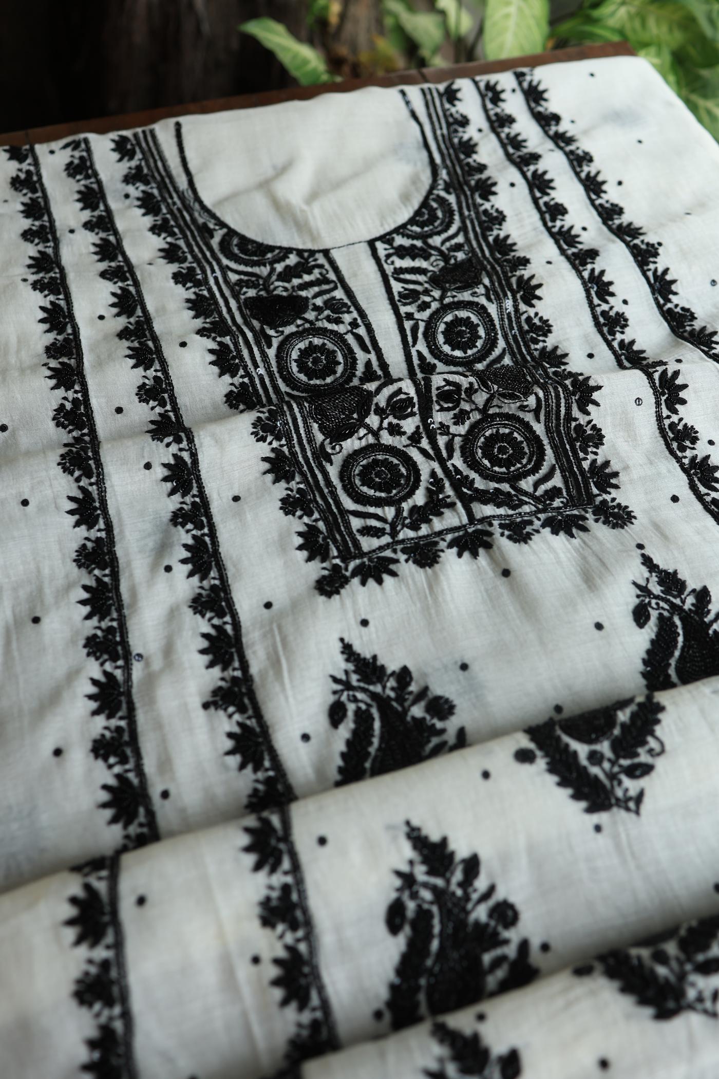 Monochrome Mal Chanderi Silk Chikankari Unstitched Fabric