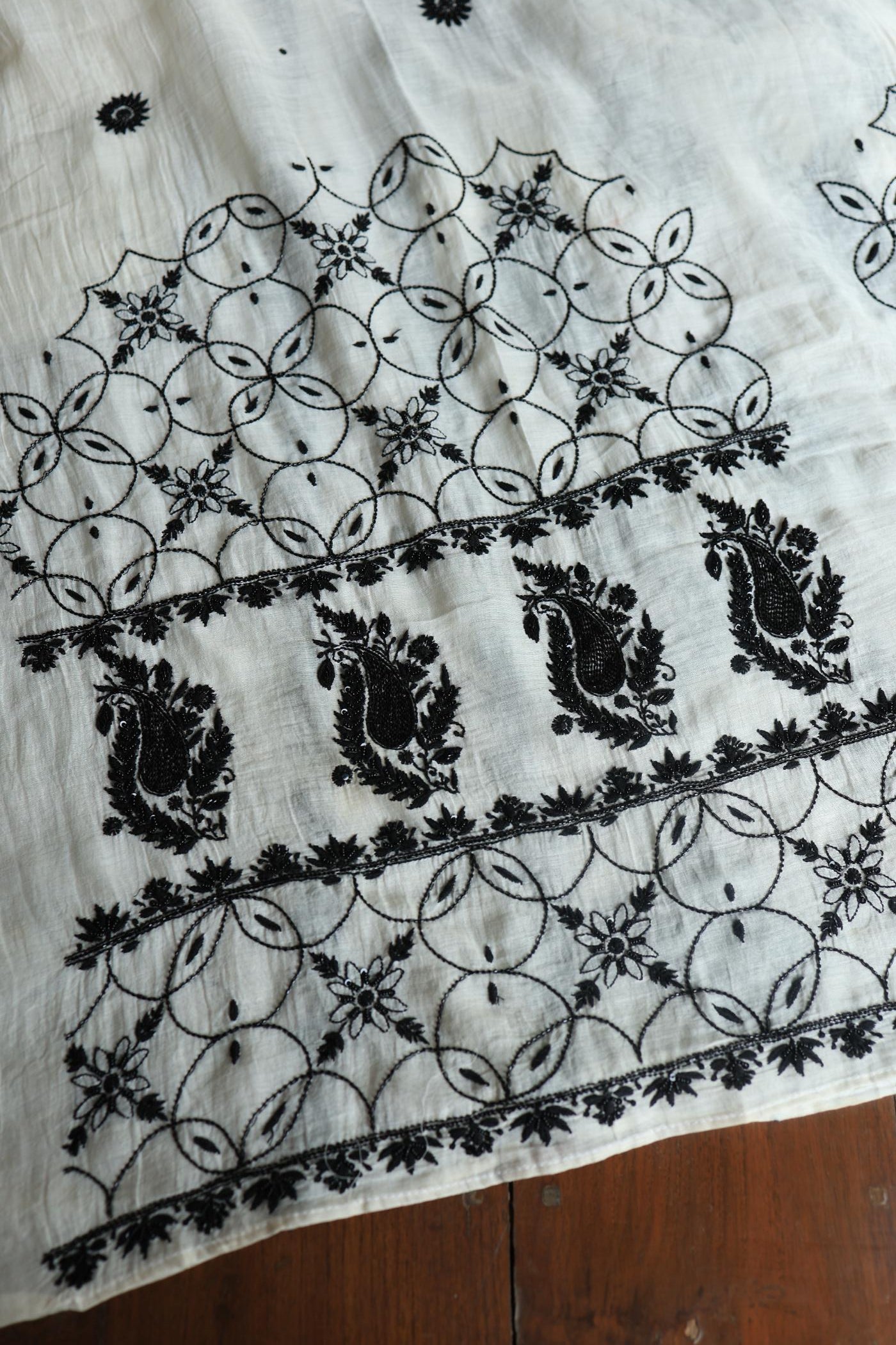 Monochrome Mal Chanderi Silk Chikankari Unstitched Fabric