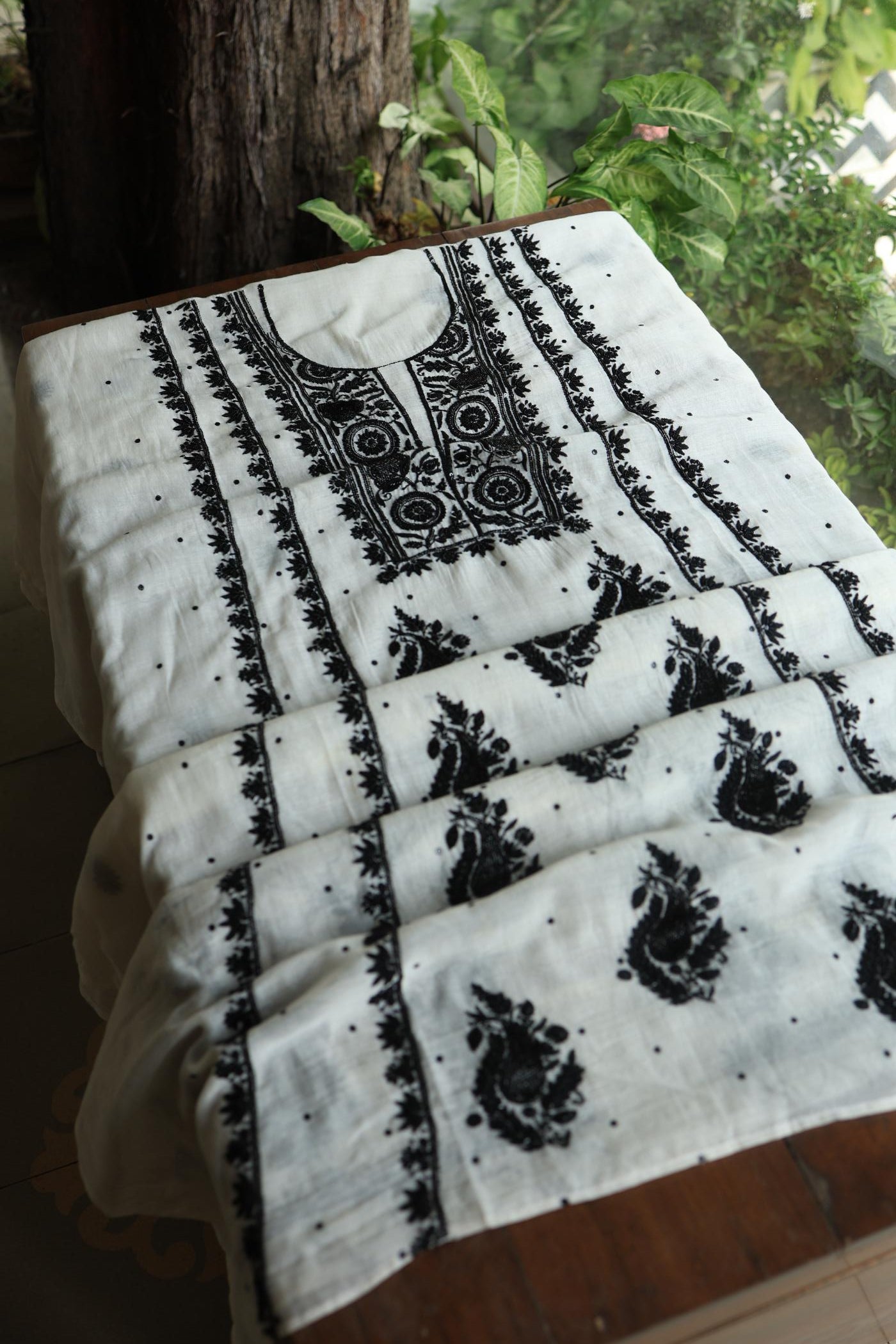 Monochrome Mal Chanderi Silk Chikankari Unstitched Fabric