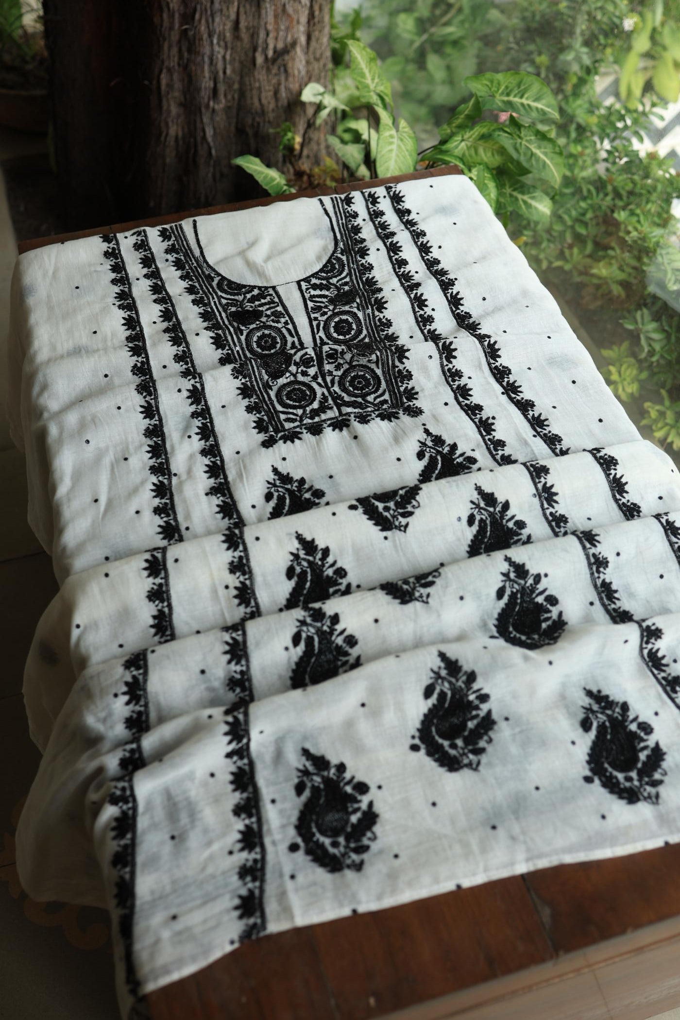 Monochrome Mal Chanderi Silk Chikankari Unstitched Fabric