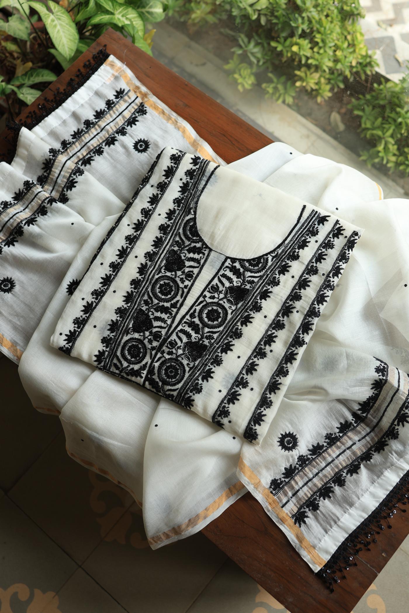Monochrome Mal Chanderi Silk Chikankari Unstitched Fabric