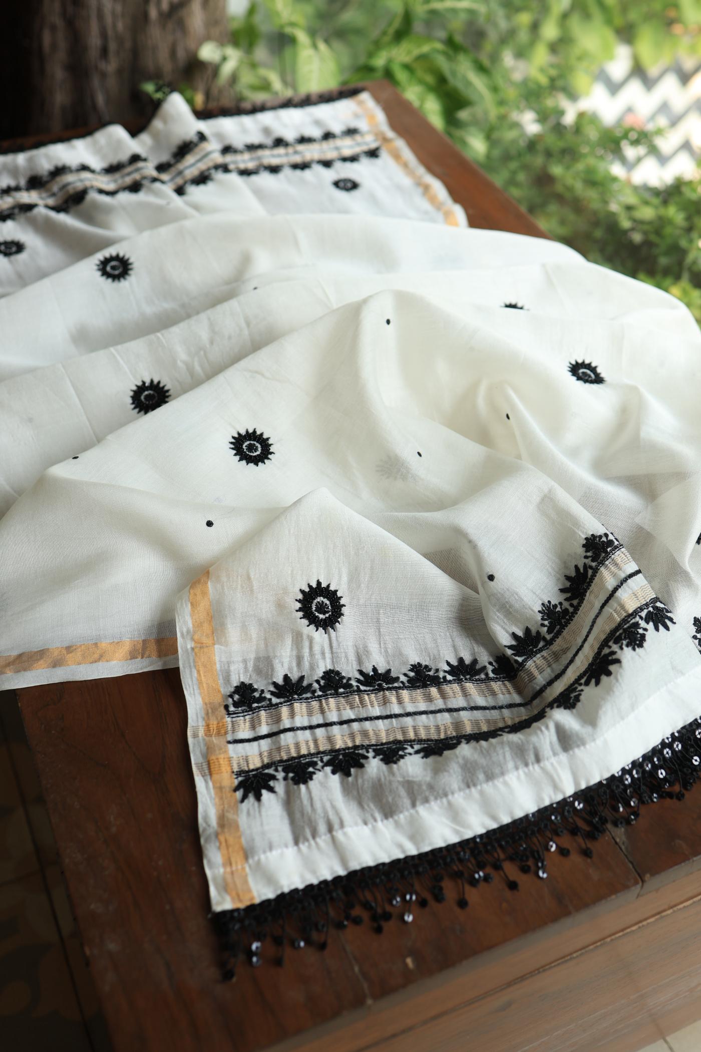 Monochrome Mal Chanderi Silk Chikankari Unstitched Fabric