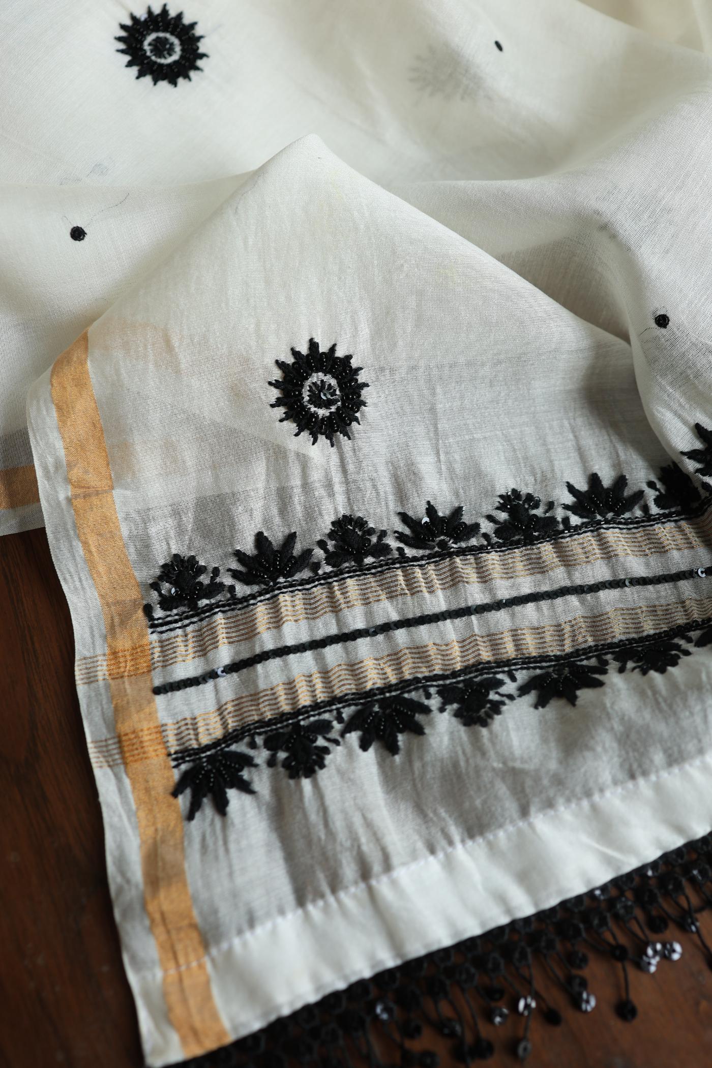 Monochrome Mal Chanderi Silk Chikankari Unstitched Fabric