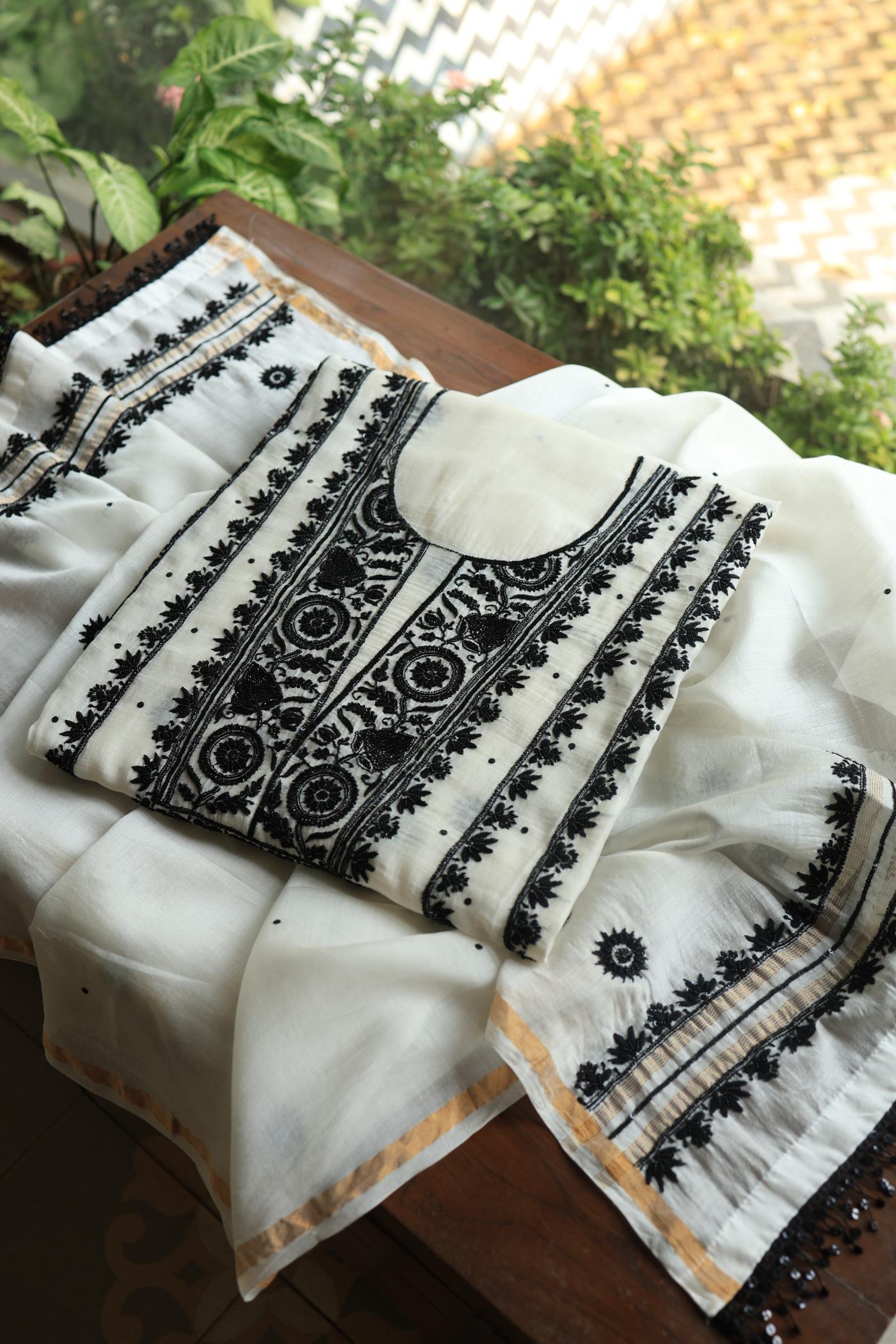 Monochrome Mal Chanderi Silk Chikankari Unstitched Fabric