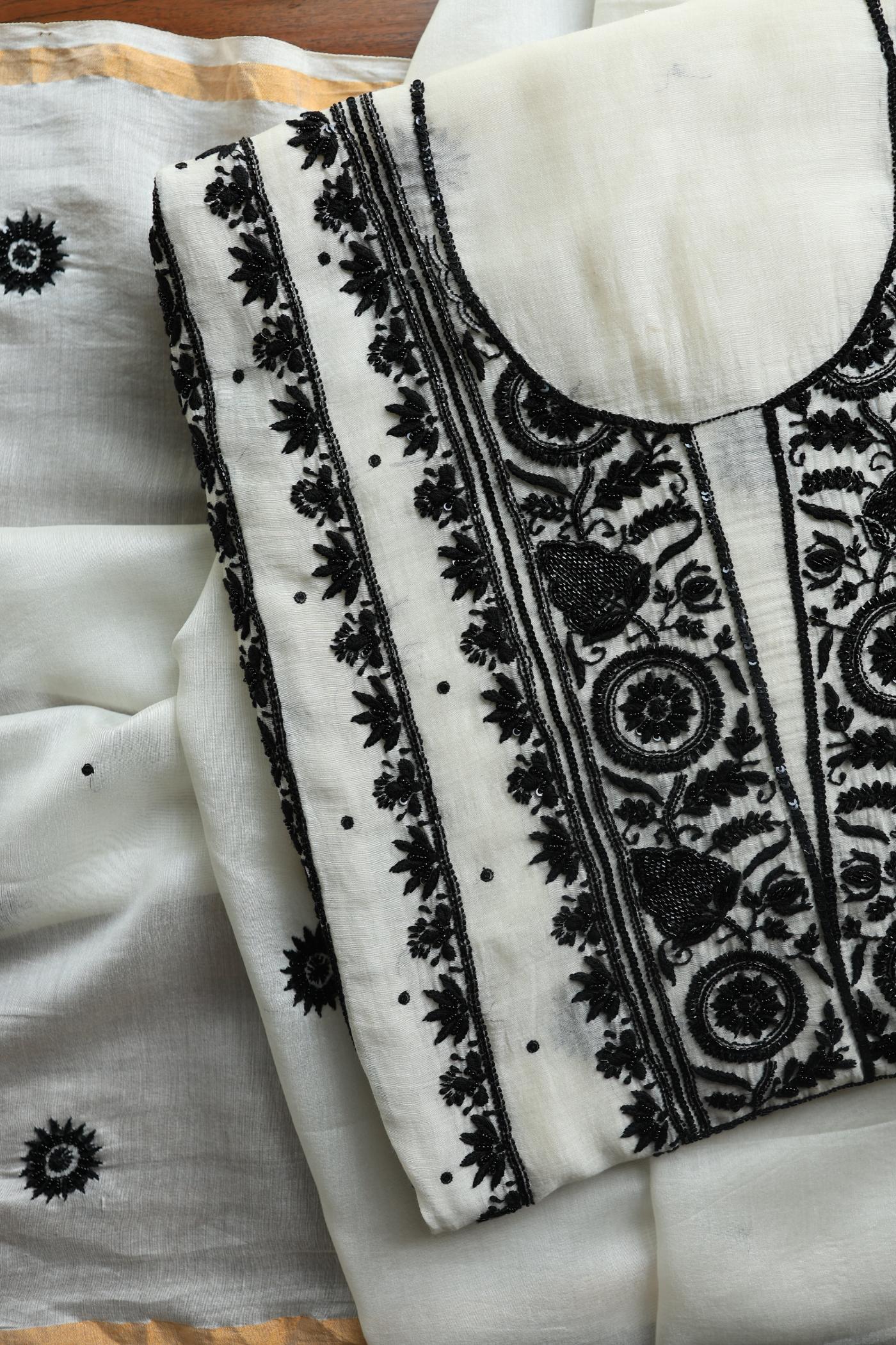 Monochrome Mal Chanderi Silk Chikankari Unstitched Fabric