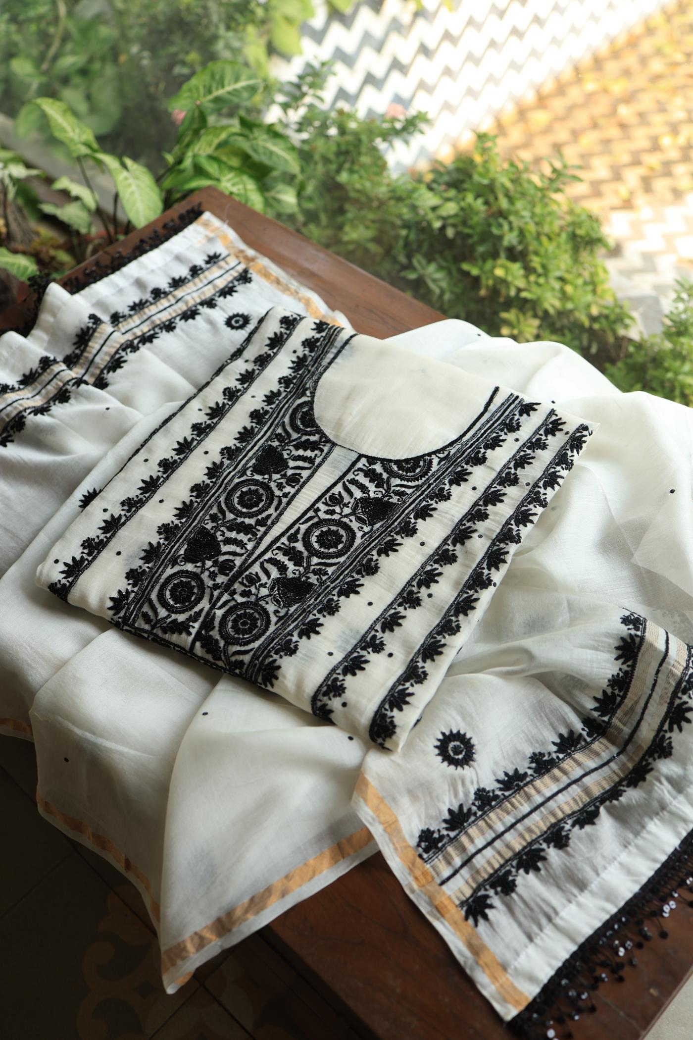Monochrome Mal Chanderi Silk Chikankari Unstitched Fabric