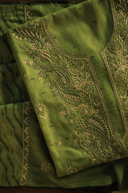 Moss Green Shade Jamdani X Chikankari Unstitched Fabric