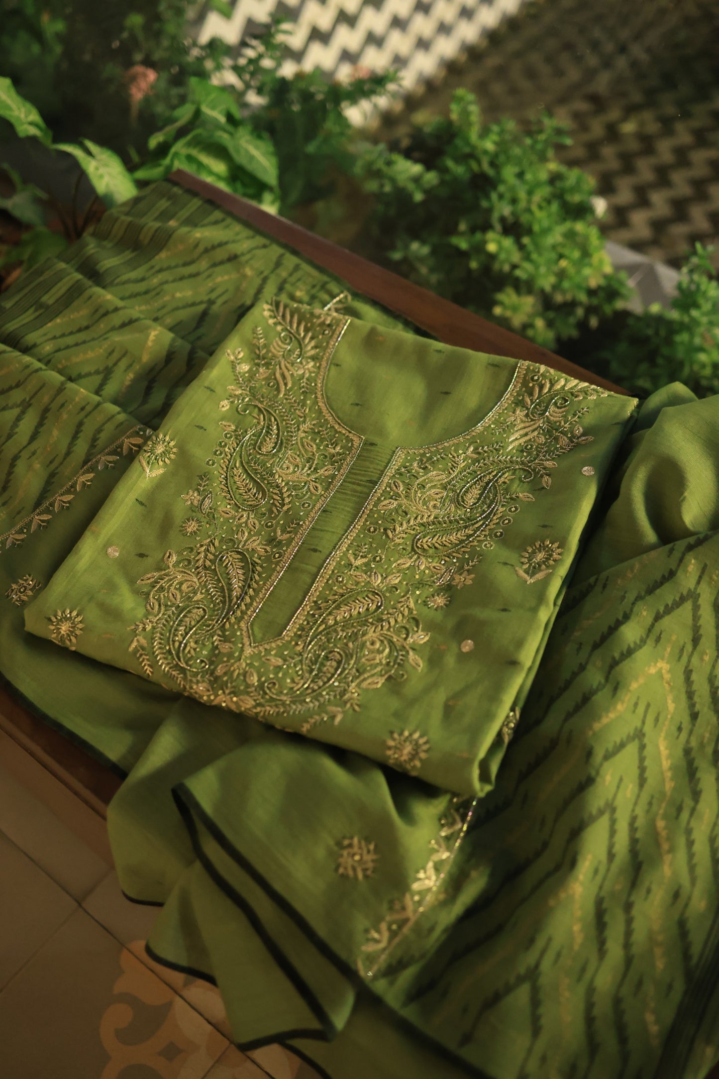 Moss Green Shade Jamdani X Chikankari Unstitched Fabric